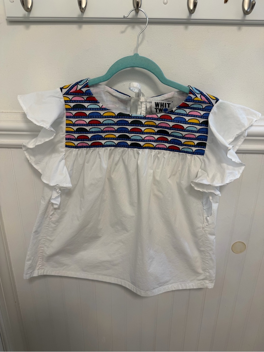 White Embroidered Yoke Ruffle Sleeve Blouse